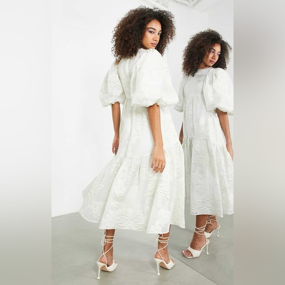 ASOS EDITION Tiered Metallic Floral Jacquard Midi Dress – Ivory/White NWT Size 4 - Picture 15 of 16